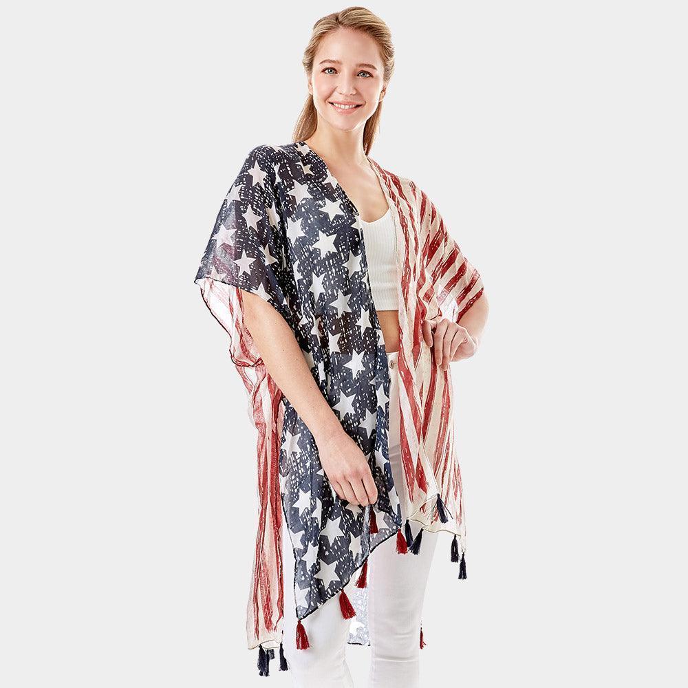 Navy American Flag Printed Tassel Poncho - Jewelry Store by Erik Rayo