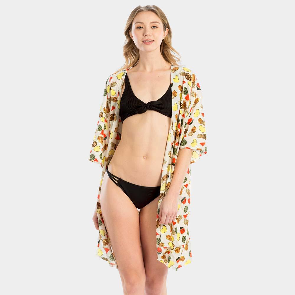 White Fruit Print Cover Up Poncho