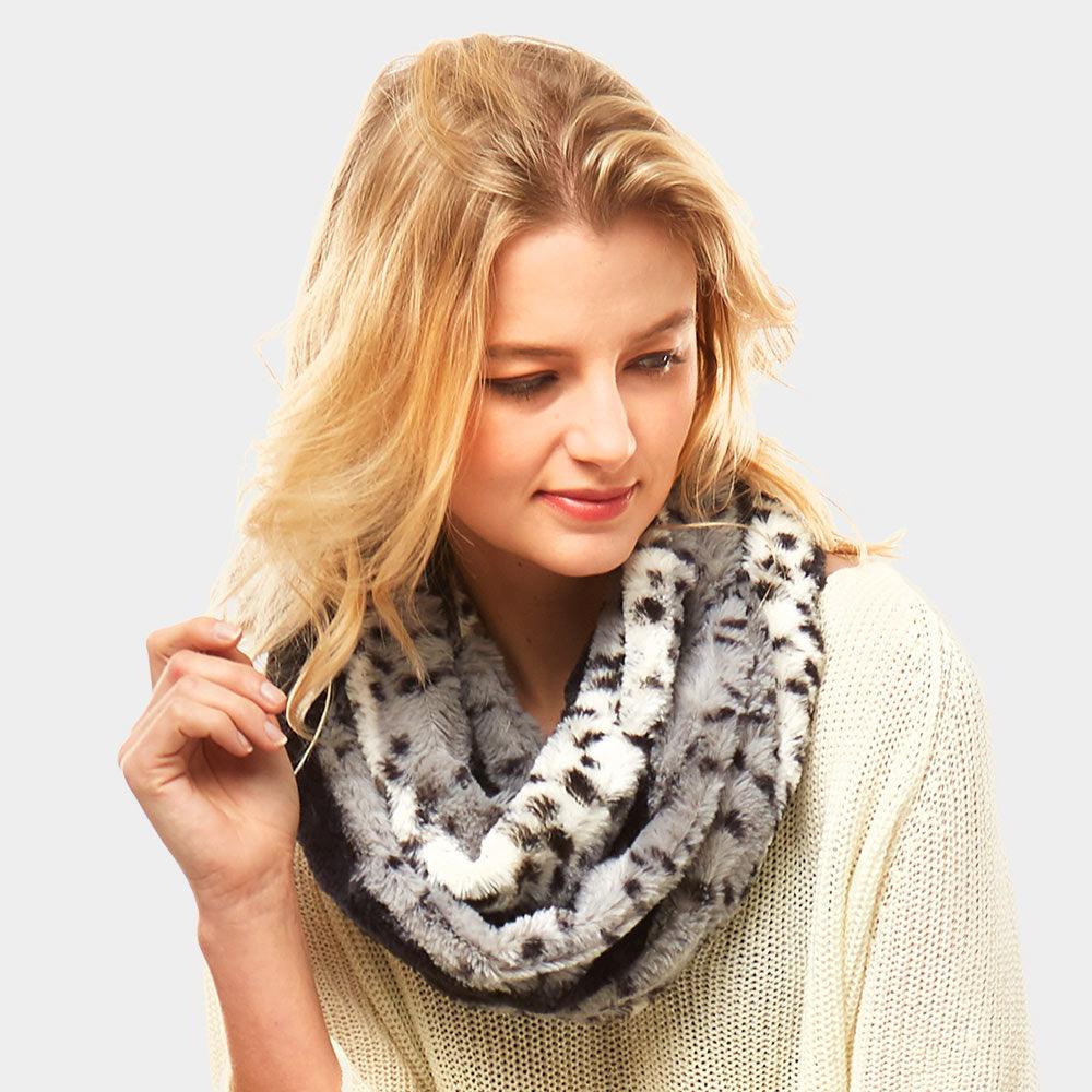 Gray Animal Pattern Faux Fur Infinity Scarf