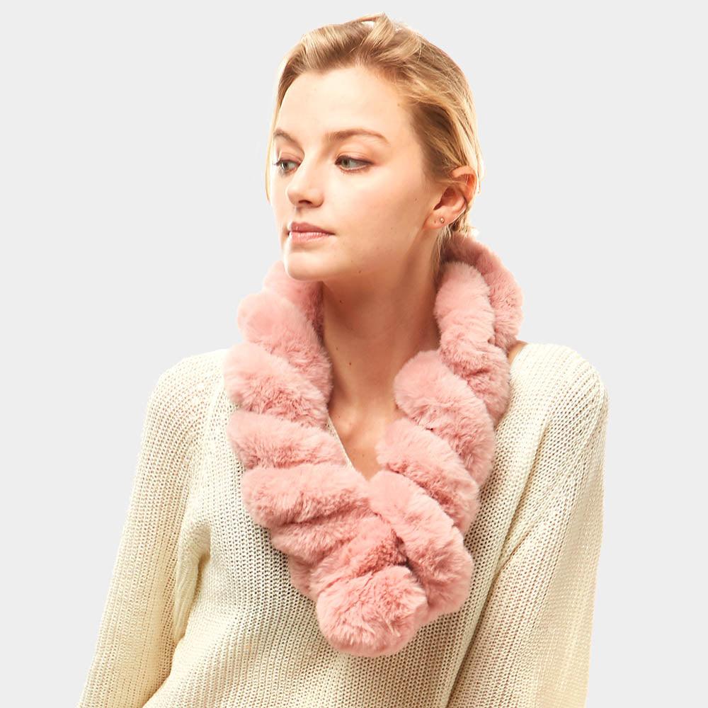 Pink Twisted Faux Fur Pull Through Scarf