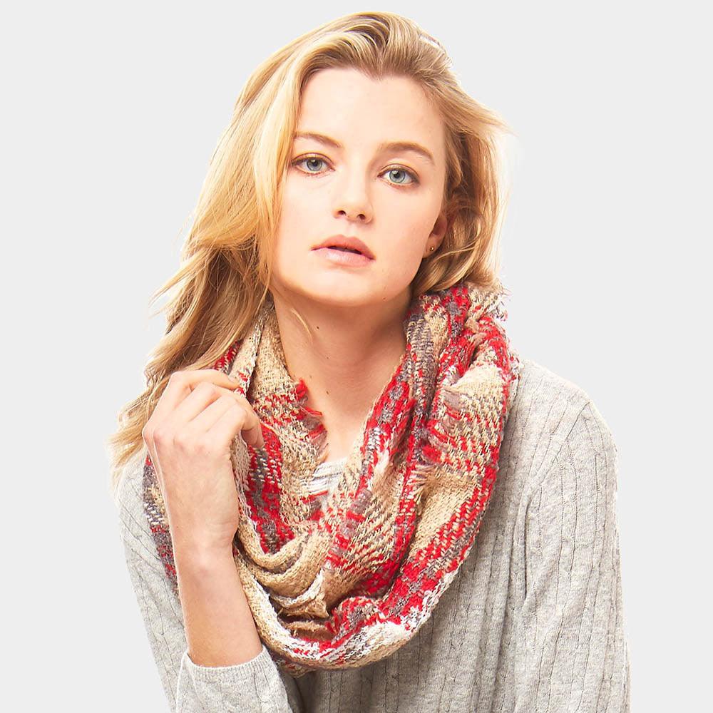 Beige Plaid Check Infinity Scarf