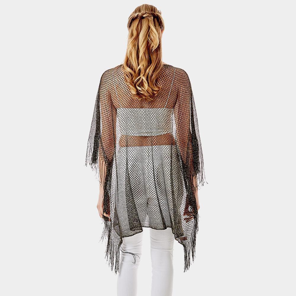 Black Metallic Net Cover Up Fringes Poncho - Jewelry Store by Erik Rayo
