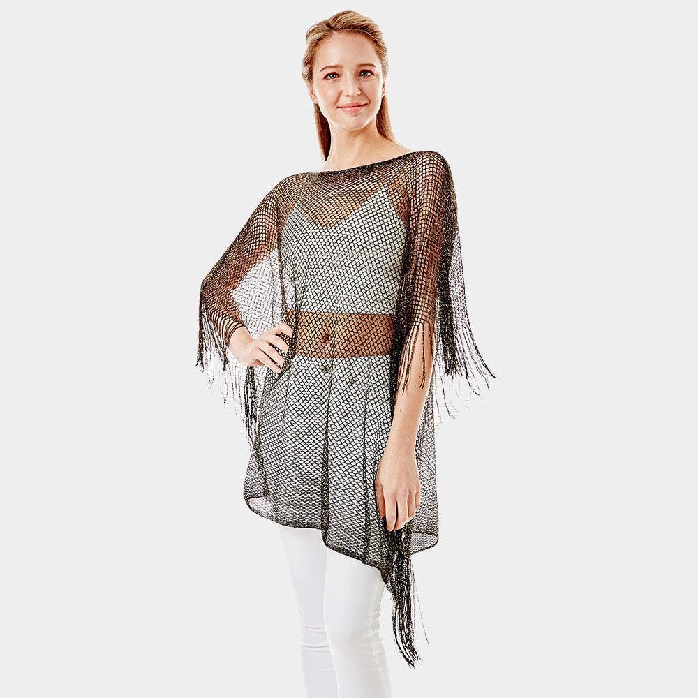 Black Metallic Net Cover Up Fringes Poncho - Jewelry Store by Erik Rayo