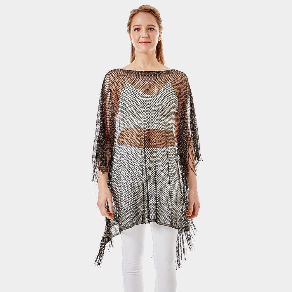 Black Metallic Net Cover Up Fringes Poncho - Jewelry Store by Erik Rayo