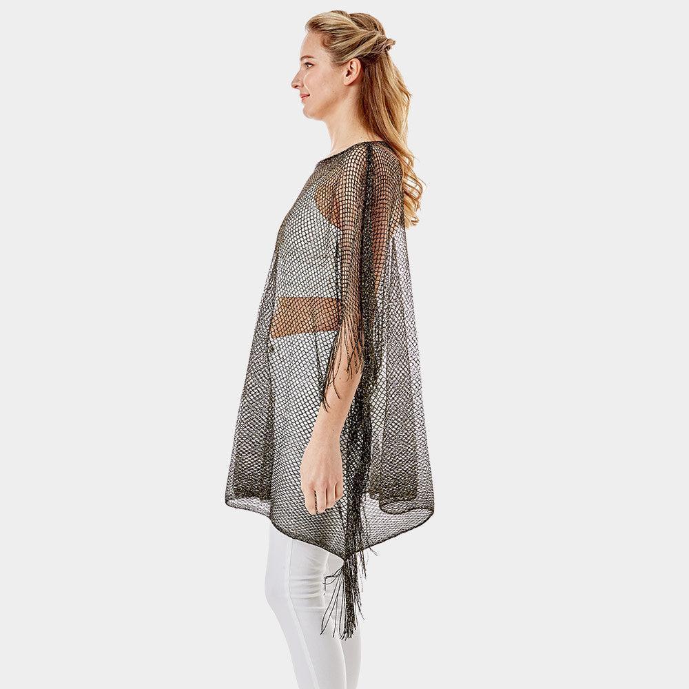 Black Metallic Net Cover Up Fringes Poncho - Jewelry Store by Erik Rayo