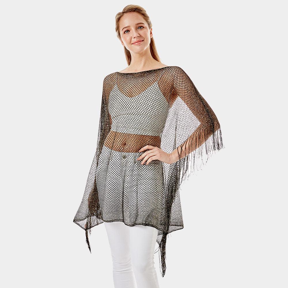 Black Metallic Net Cover Up Fringes Poncho