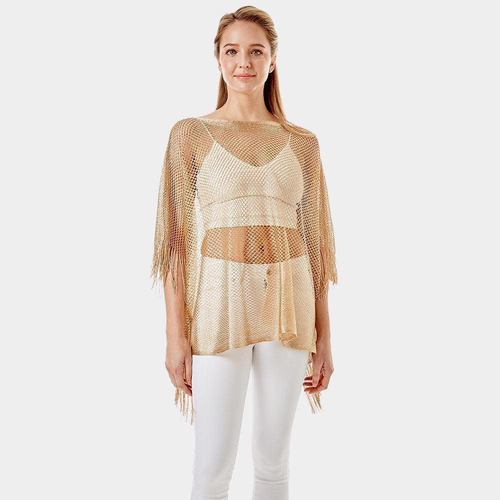 Gold Metallic Net Cover Up Fringes Poncho - Jewelry Store by Erik Rayo