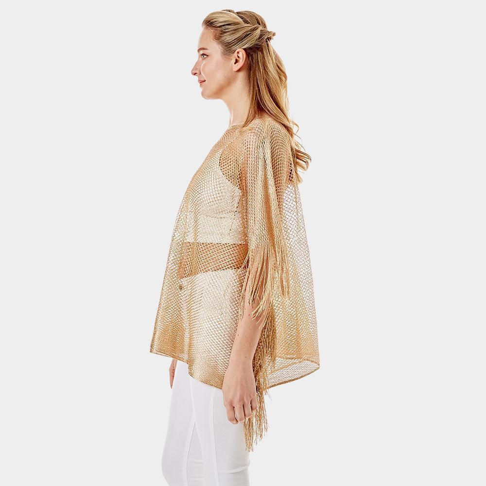 Gold Metallic Net Cover Up Fringes Poncho - Jewelry Store by Erik Rayo