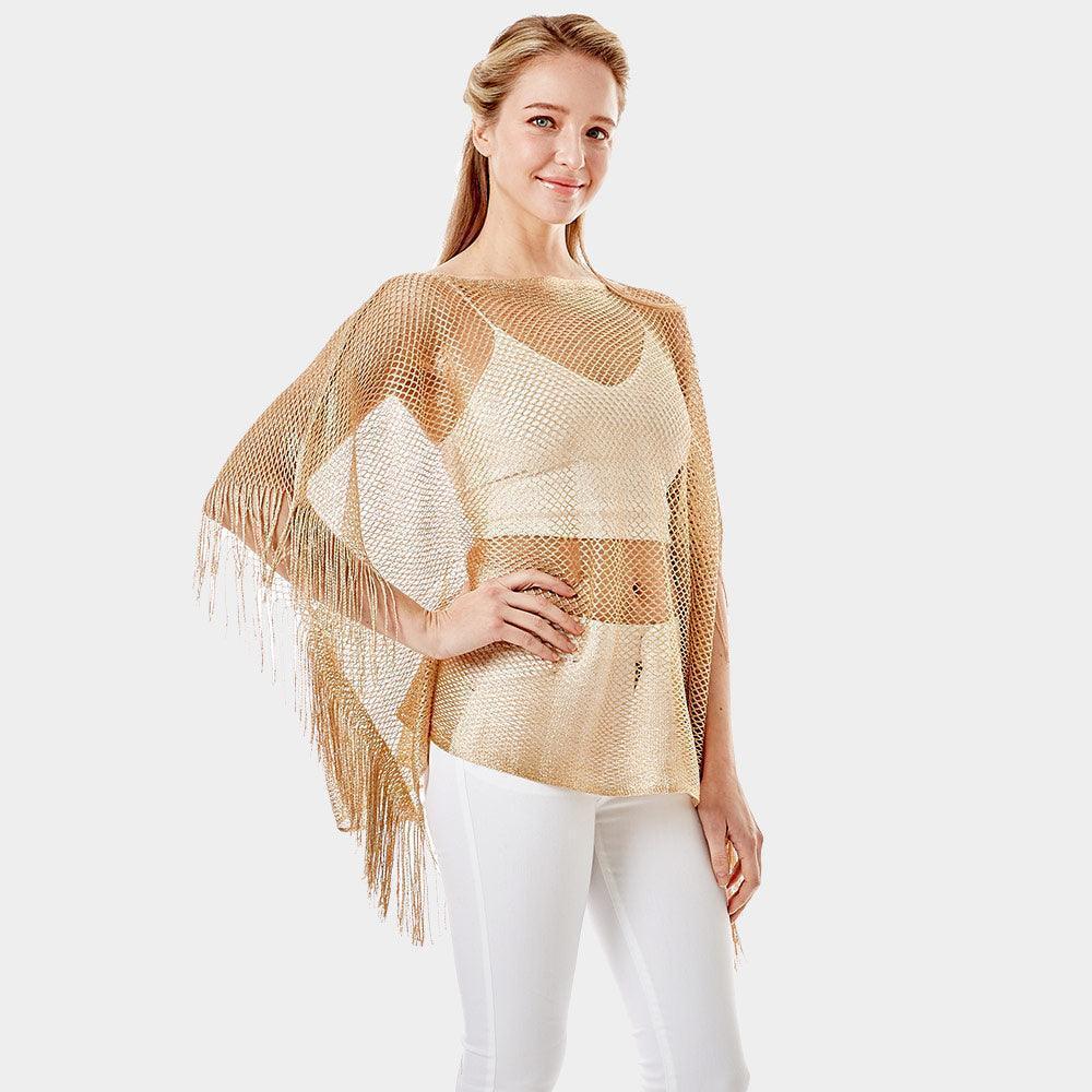 Gold Metallic Net Cover Up Fringes Poncho - Jewelry Store by Erik Rayo