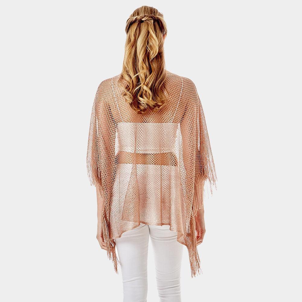 Rose Gold Metallic Net Cover Up Fringes Poncho - Jewelry Store by Erik Rayo