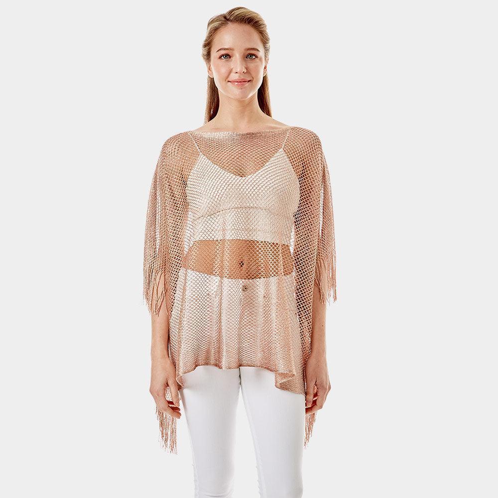 Rose Gold Metallic Net Cover Up Fringes Poncho - Jewelry Store by Erik Rayo