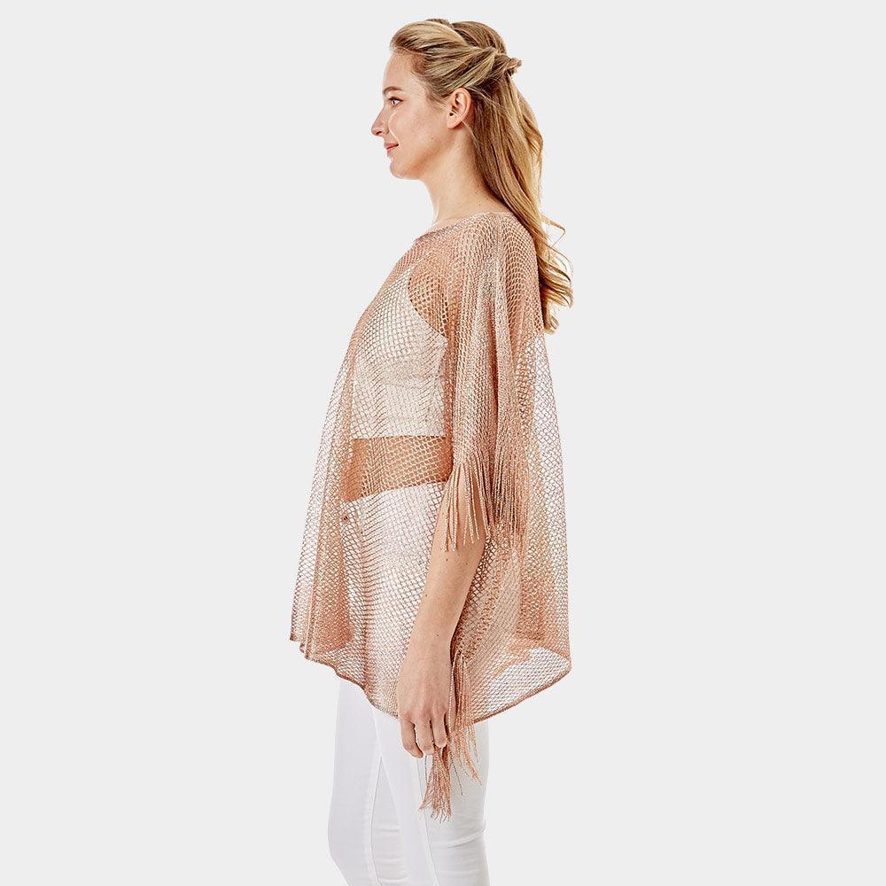 Rose Gold Metallic Net Cover Up Fringes Poncho - Jewelry Store by Erik Rayo