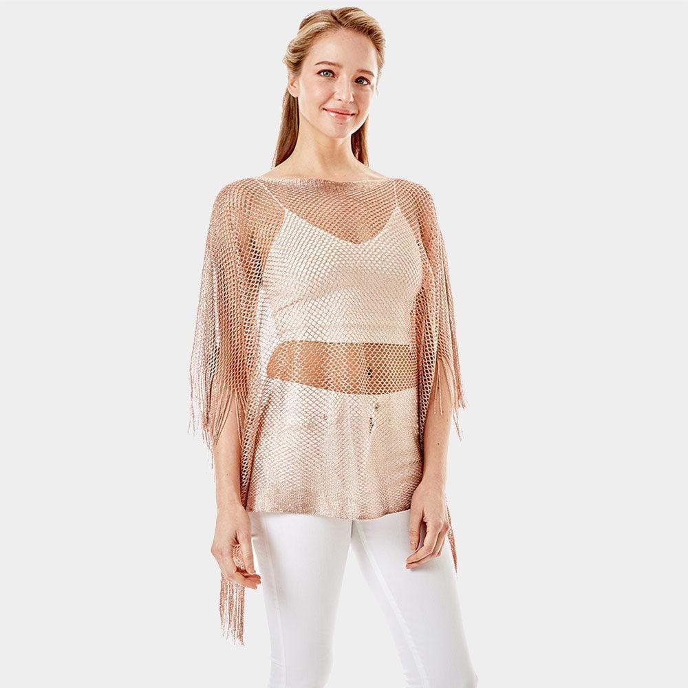 Rose Gold Metallic Net Cover Up Fringes Poncho - Jewelry Store by Erik Rayo