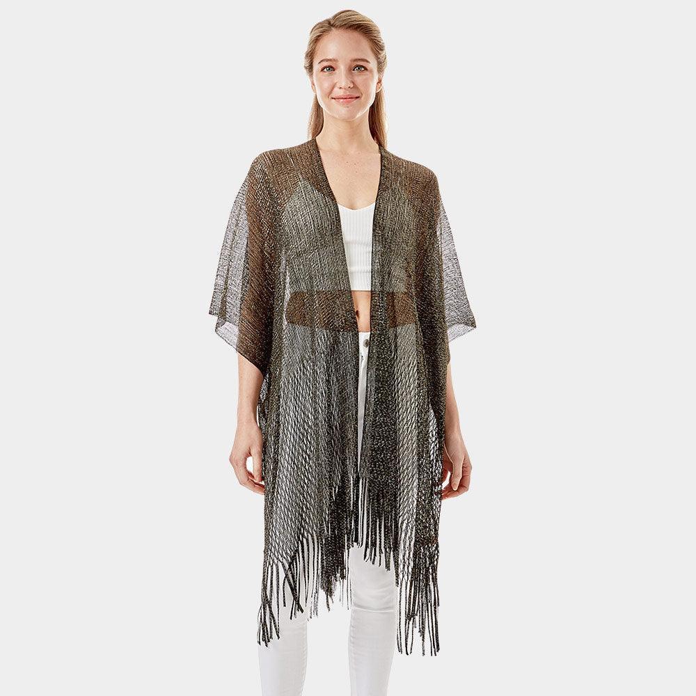 Black Metallic Net Cover Up Fringes Shawl Cardigan - Jewelry Store by Erik Rayo