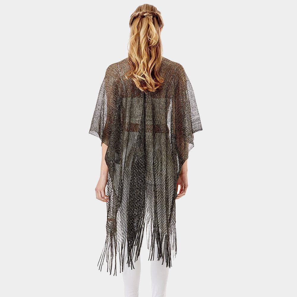 Black Metallic Net Cover Up Fringes Shawl Cardigan - Jewelry Store by Erik Rayo