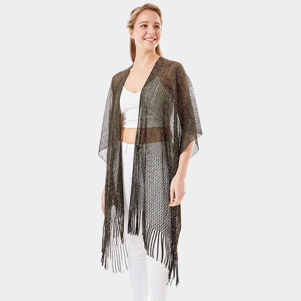 Black Metallic Net Cover Up Fringes Shawl Cardigan - Jewelry Store by Erik Rayo