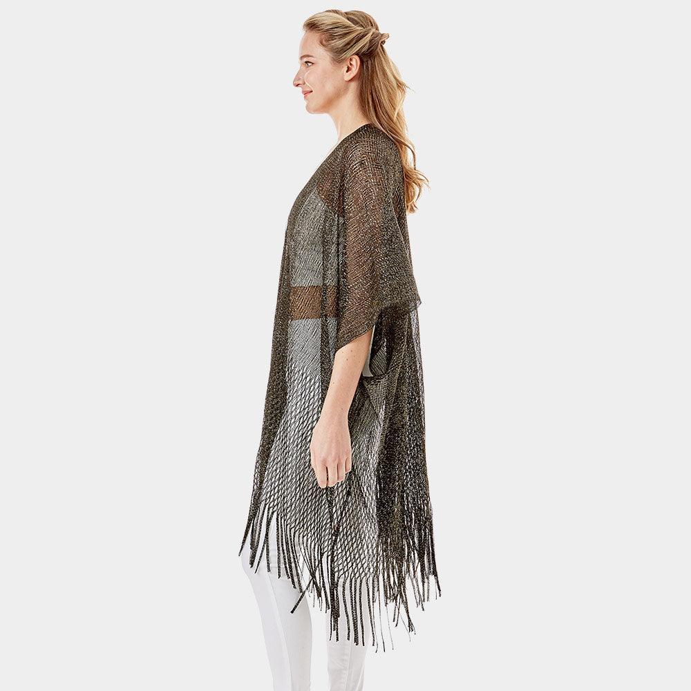 Black Metallic Net Cover Up Fringes Shawl Cardigan - Jewelry Store by Erik Rayo