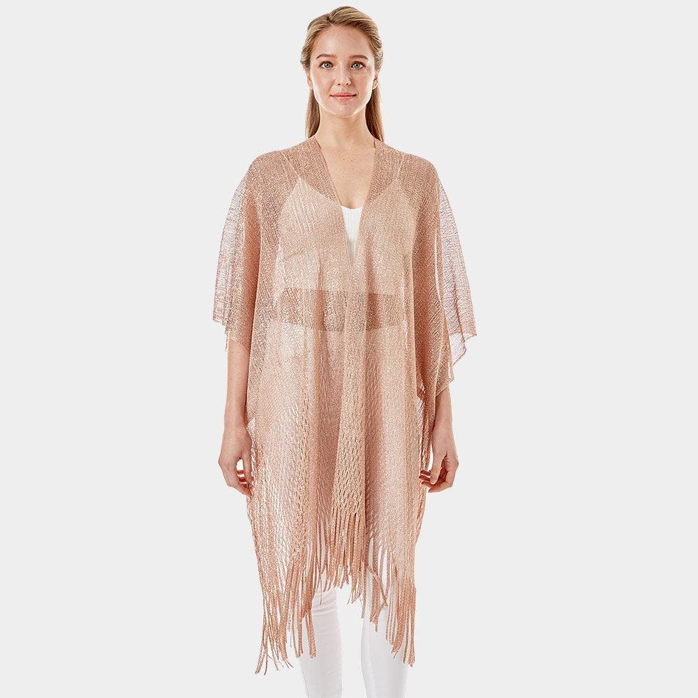 Rose Gold Metallic Net Cover Up Fringes Shawl Cardigan - Jewelry Store by Erik Rayo