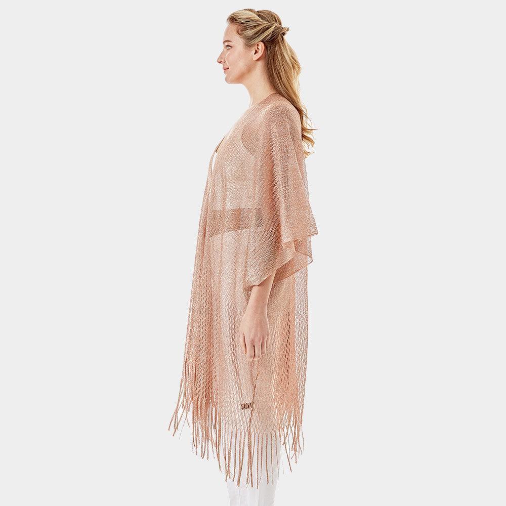 Rose Gold Metallic Net Cover Up Fringes Shawl Cardigan - Jewelry Store by Erik Rayo