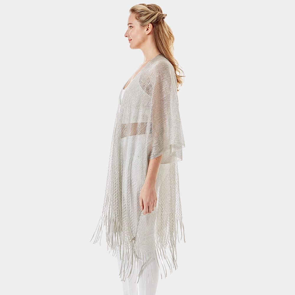 Silver Metallic Net Cover Up Fringes Shawl Cardigan - Jewelry Store by Erik Rayo