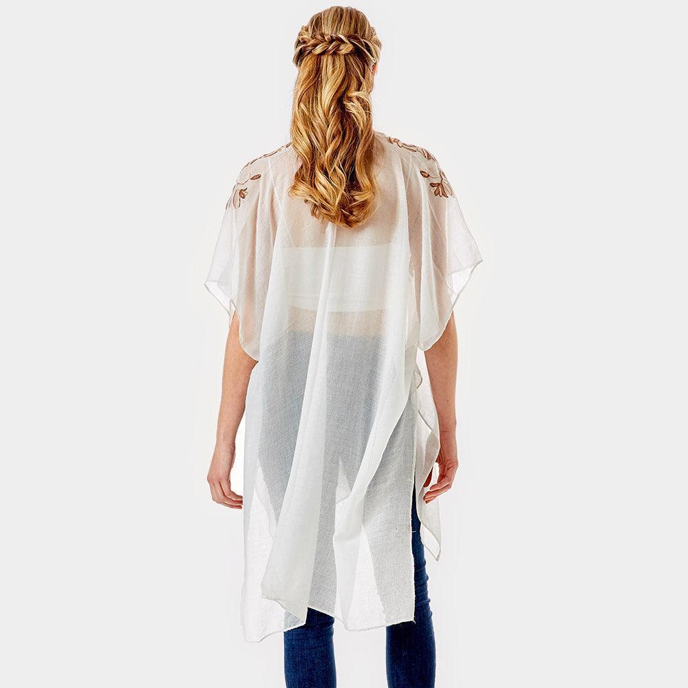 Beige Embroidery Floral Cover Up Kimono Cardigan - Jewelry Store by Erik Rayo