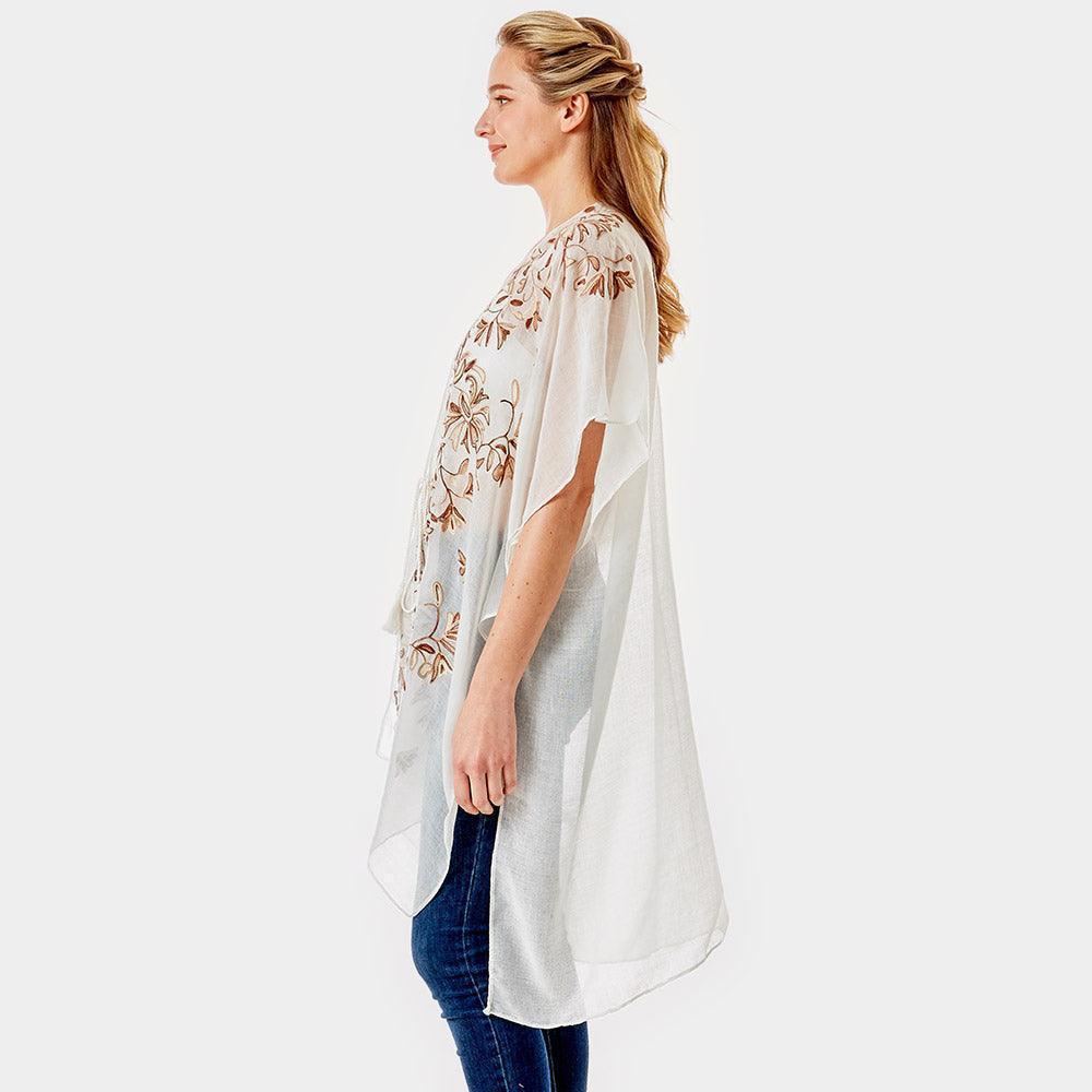 Beige Embroidery Floral Cover Up Kimono Cardigan - Jewelry Store by Erik Rayo