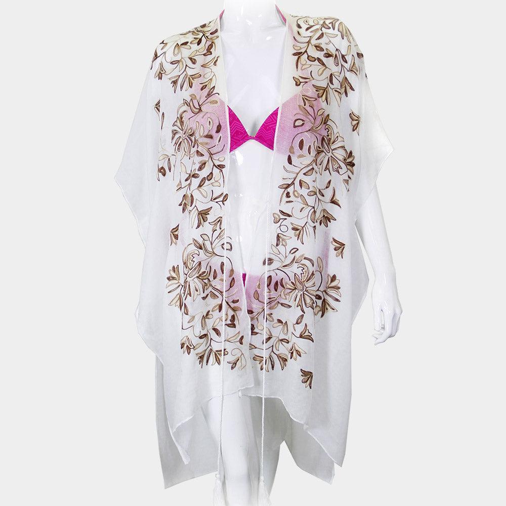 Beige Embroidery Floral Cover Up Kimono Cardigan - Jewelry Store by Erik Rayo