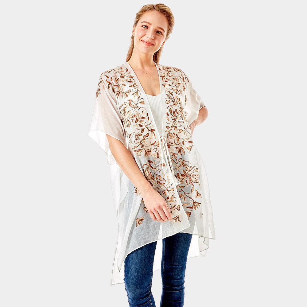 Beige Embroidery Floral Cover Up Kimono Cardigan - Jewelry Store by Erik Rayo