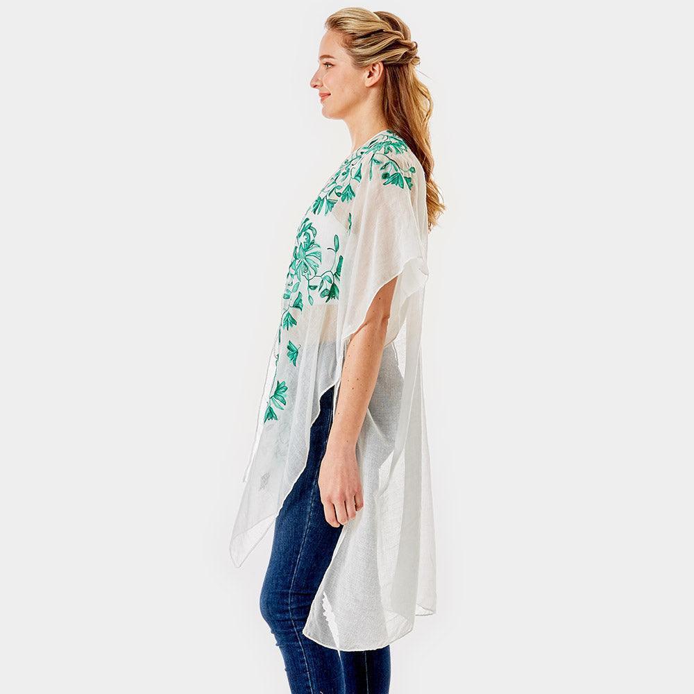 Green Embroidery Floral Cover Up Kimono Cardigan - Jewelry Store by Erik Rayo