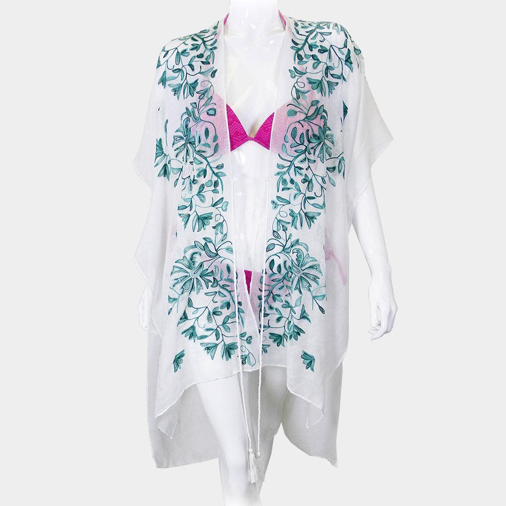 Green Embroidery Floral Cover Up Kimono Cardigan - Jewelry Store by Erik Rayo