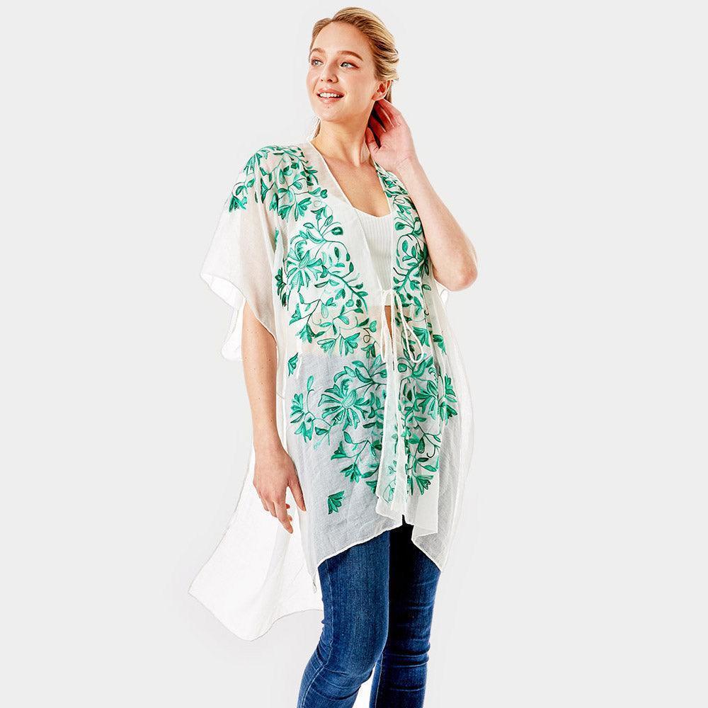 Green Embroidery Floral Cover Up Kimono Cardigan - Jewelry Store by Erik Rayo