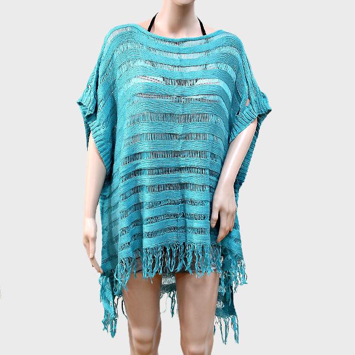 Teal Fringe Trimmed Weave Poncho