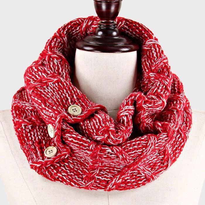 Red Button Accented Two Tone Knit Infinity Snood Scarf - Jewelry Store by Erik Rayo