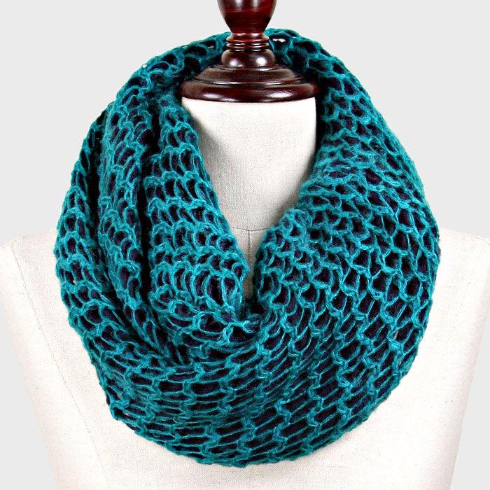 Teal Honeycomb Pattern Crochet Two Tone Yarn Knit Snood Scarf