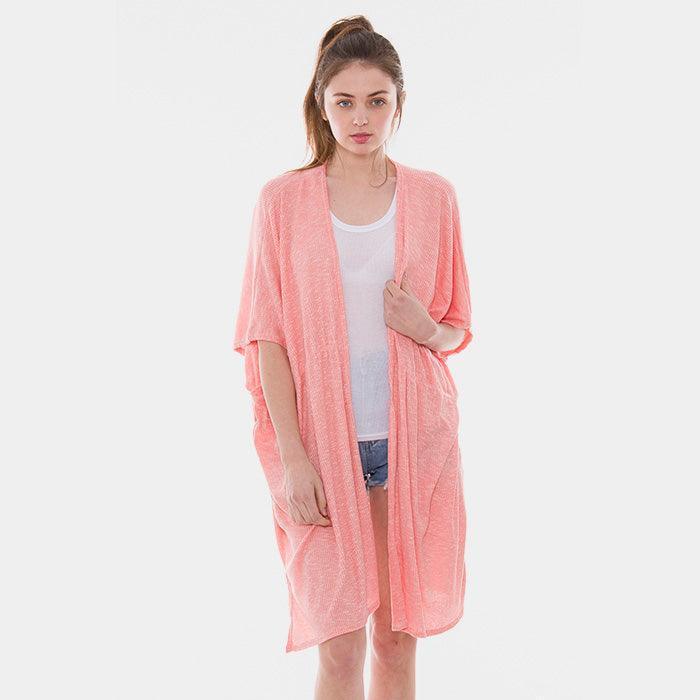 Pink Solid Color Ripped Drawstring Cover Up Kimono Cardigan - Jewelry Store by Erik Rayo