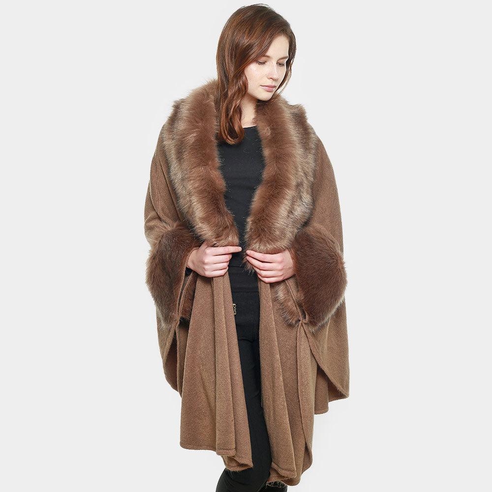 Taupe Faux Fur Trim Shawl Poncho - Jewelry Store by Erik Rayo