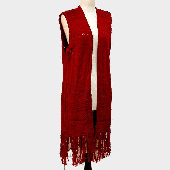 Burgundy Knit midi length vest with tassel