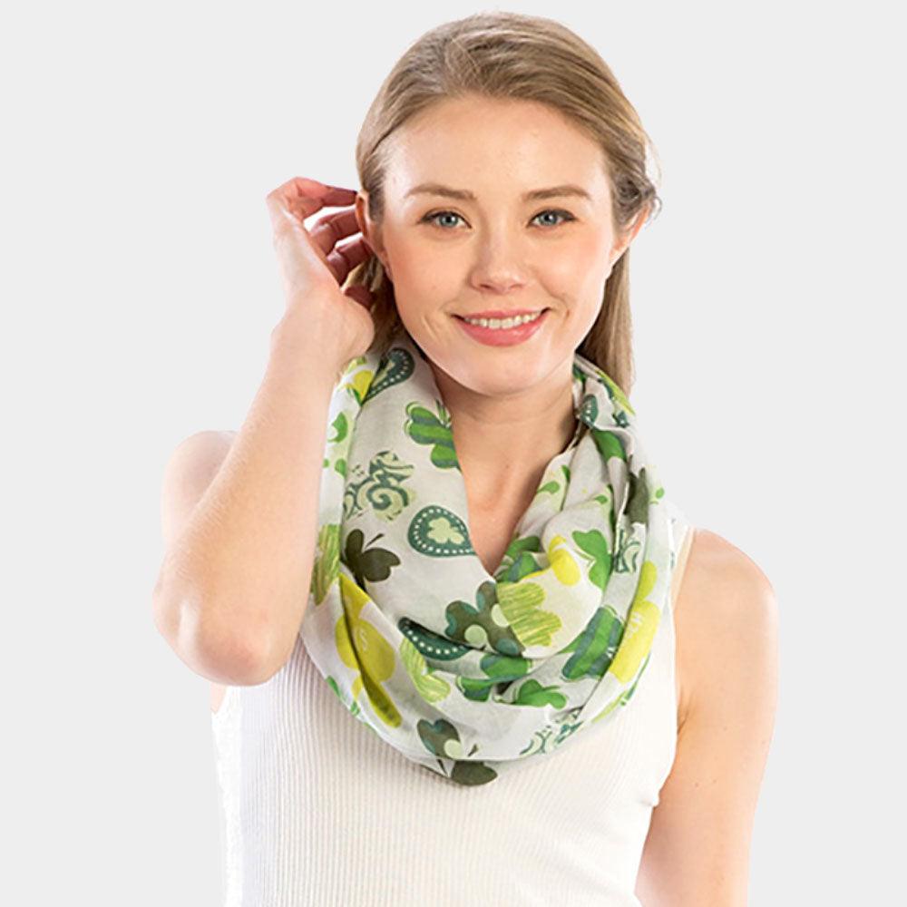 White St. Patrick's Day Clover Pattern Infinity Scarf