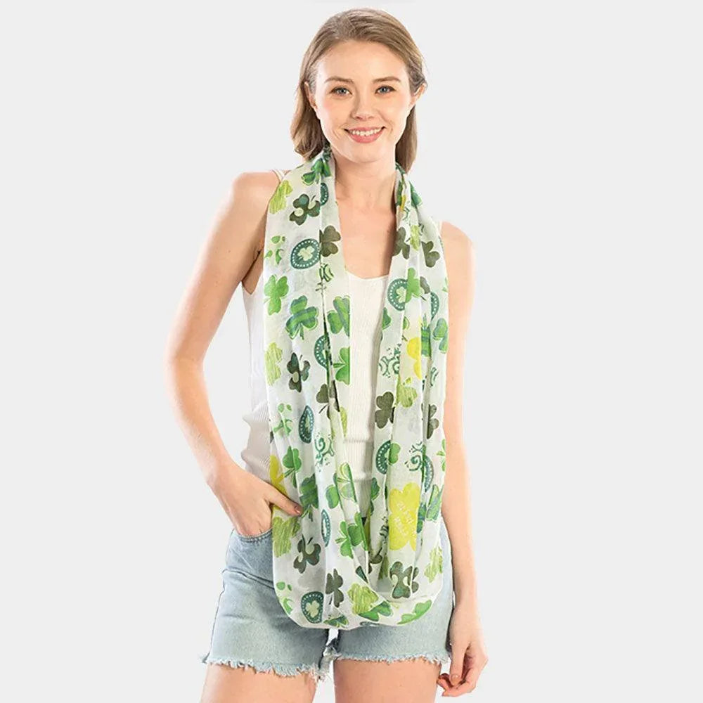 White St. Patrick's Day Clover Pattern Infinity Scarf - Jewelry Store by Erik Rayo