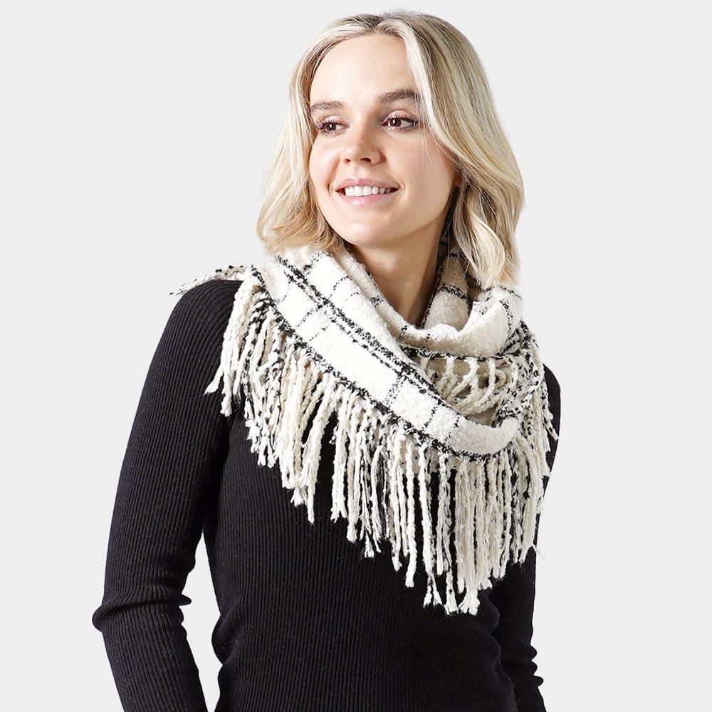 Ivory 2-Tone Plaid Infinity Scarf W/Fringe