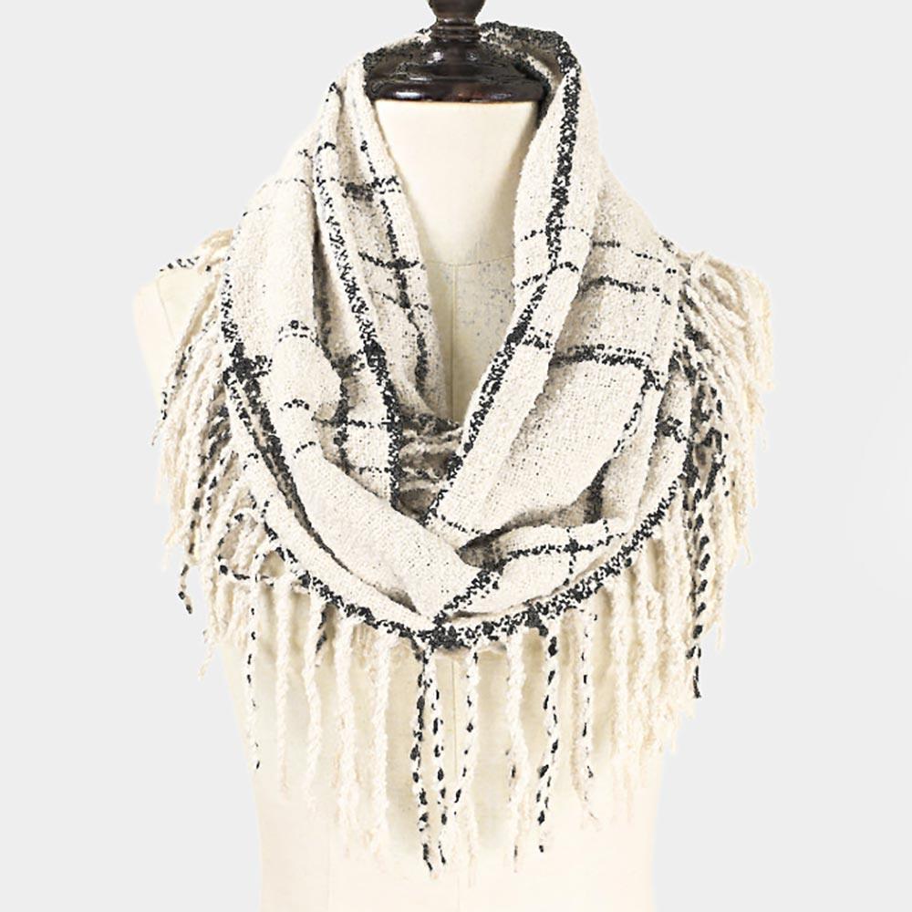 Ivory 2-Tone Plaid Infinity Scarf W/Fringe - Jewelry Store by Erik Rayo