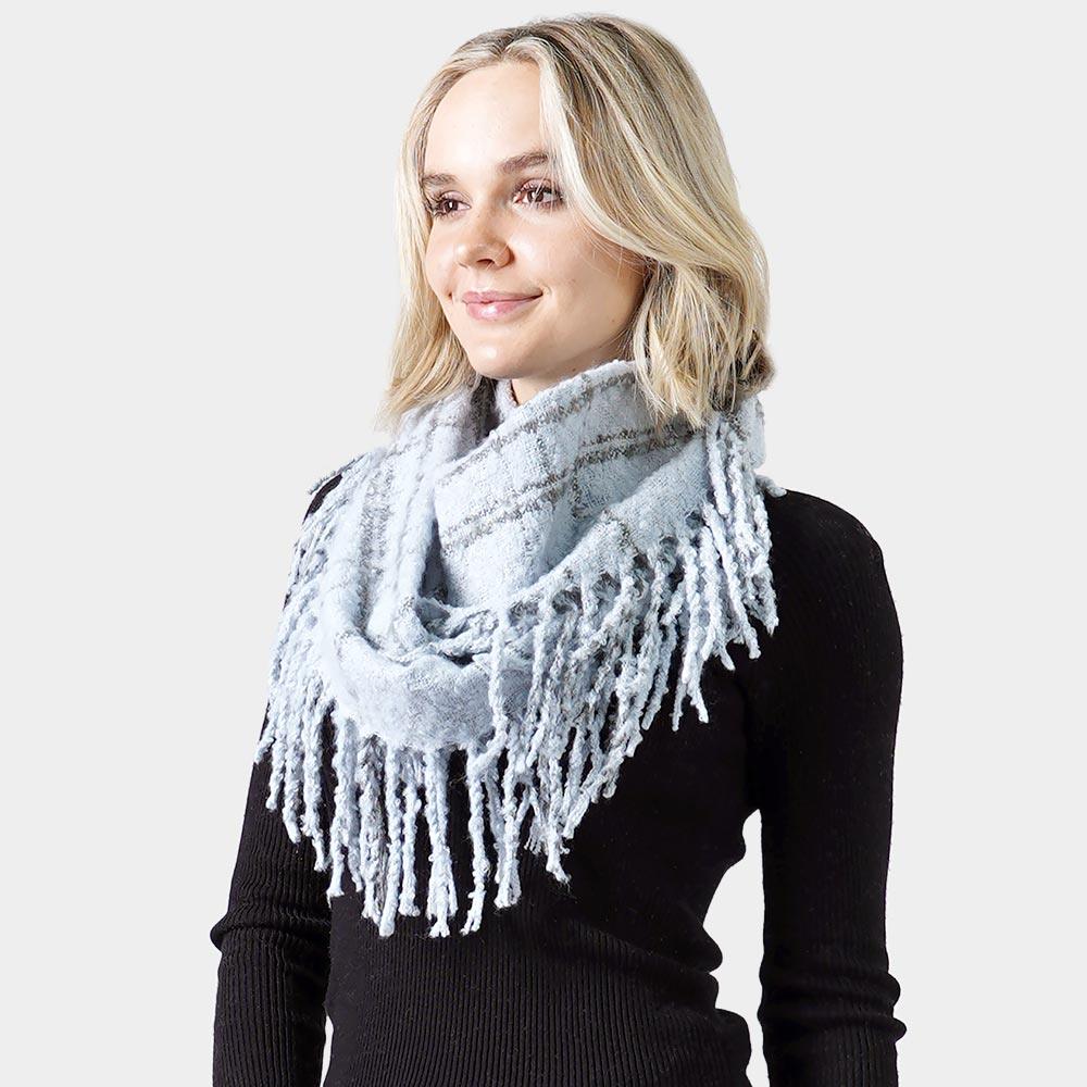 Blue 2-Tone Plaid Infinity Scarf W/Fringe