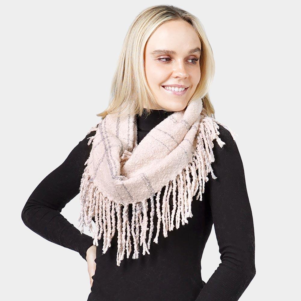 Pink 2-Tone Plaid Infinity Scarf W/Fringe