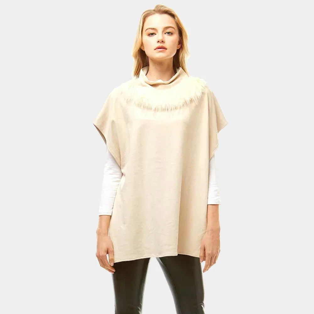 Beige Suede Feel Turtle Neck Faux Fur Poncho - Jewelry Store by Erik Rayo