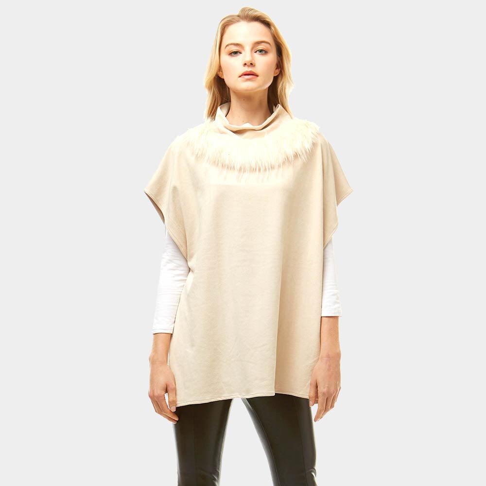 Beige Suede Feel Turtle Neck Faux Fur Poncho