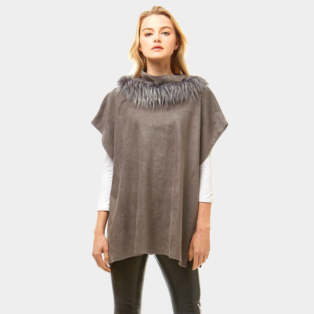 Gray Suede Feel Turtle Neck Faux Fur Poncho