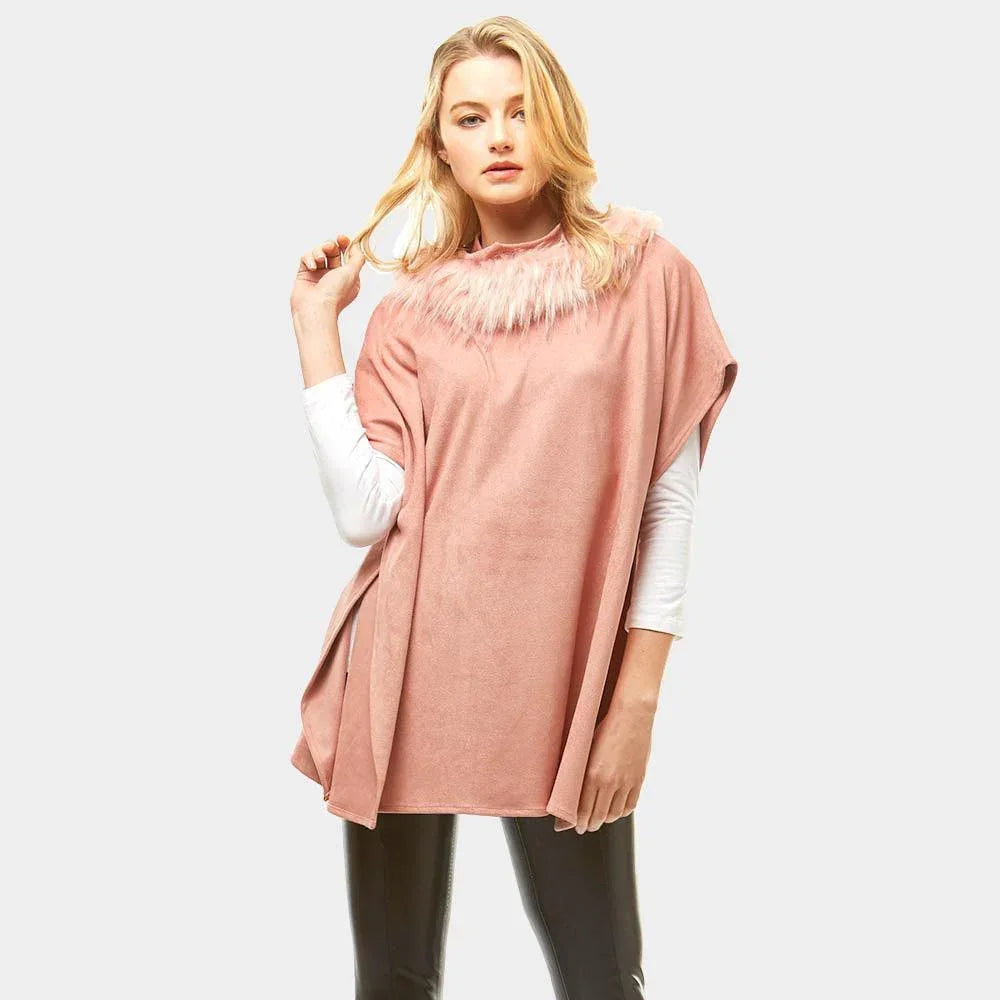 Pink Suede Feel Turtle Neck Faux Fur Poncho - Jewelry Store by Erik Rayo
