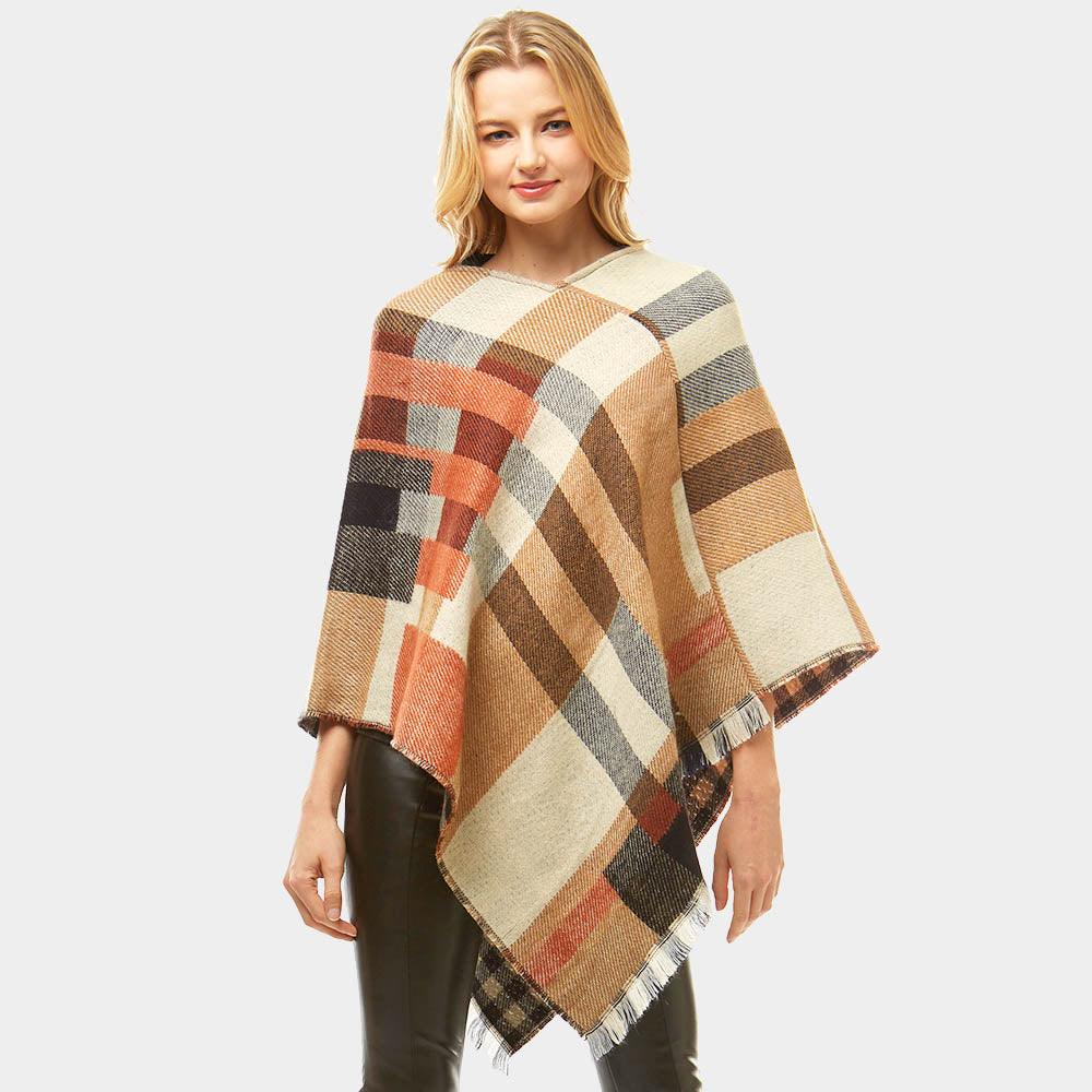 Beige Multi Colored Plaid Poncho