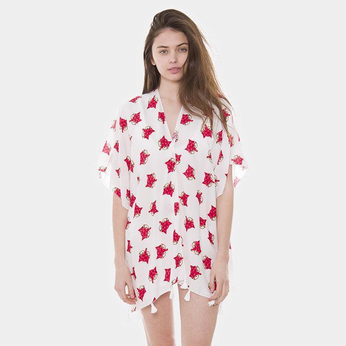White Fox Pattern Tassel Cover Up Poncho - Jewelry Store by Erik Rayo
