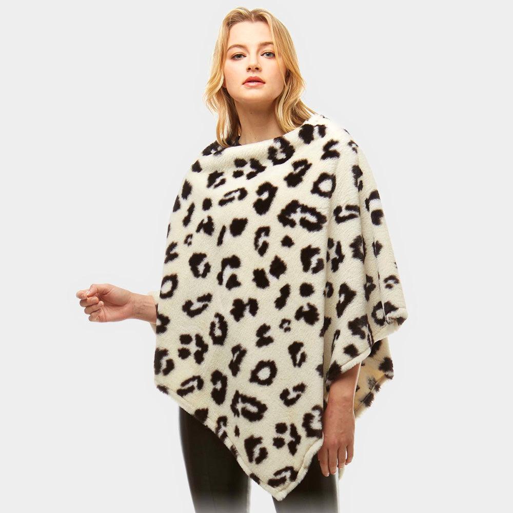 Ivory Leopard Pattern Faux Fur Poncho